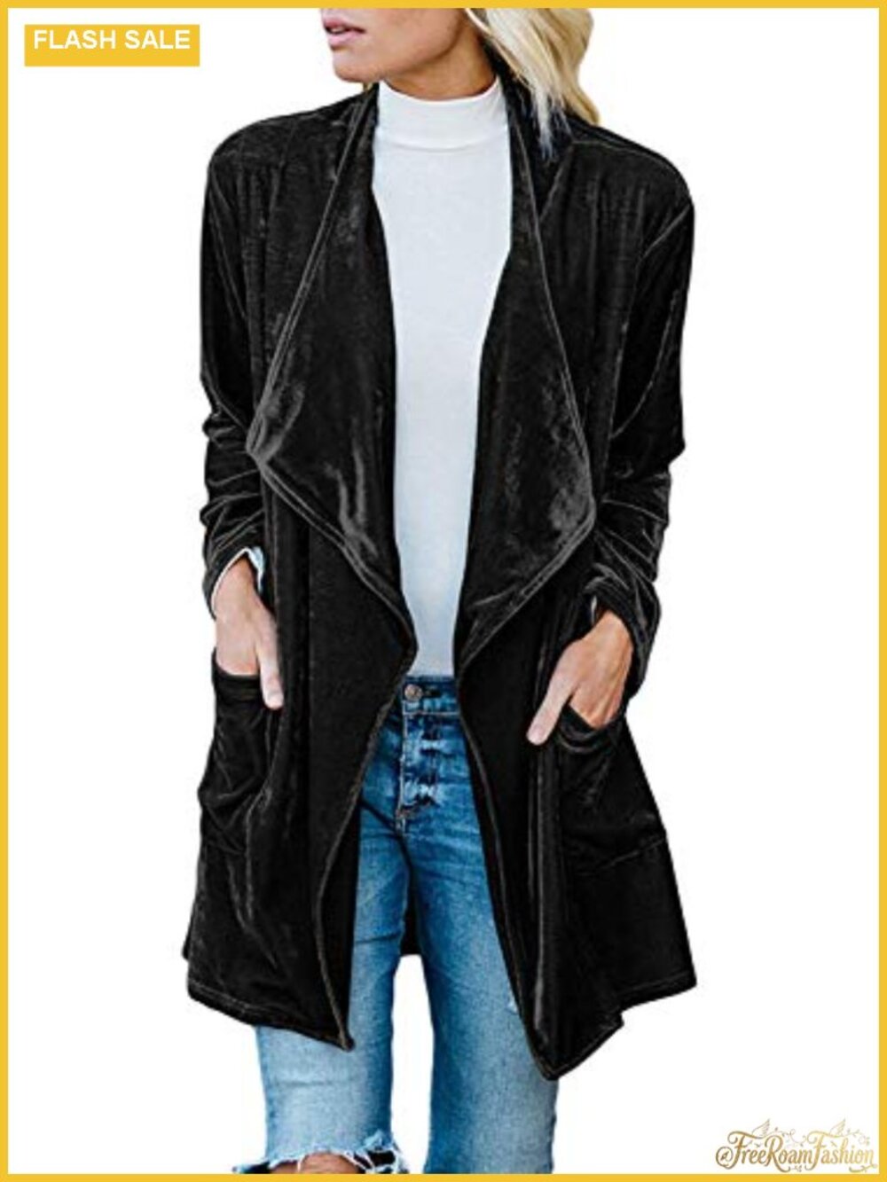 Futurino Velvet Cardigan Coat Long Sleeve Open Front Pockets Women's